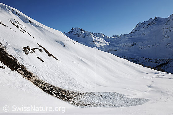 Foto: Berglandschaft mit Lawinenkegel einer Grundlawine. Der Kegel ist im oberen Teil mit Erde vermischt.