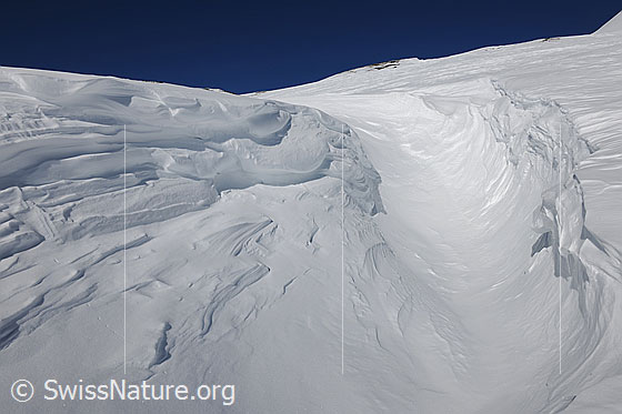 Foto: Vom Wind geformte Strukturen und Mulde in der Schneemasse einer Wächte.
