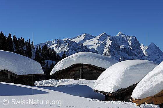 Foto: Alphütten mit dicker Schneeschicht auf den Dächern.