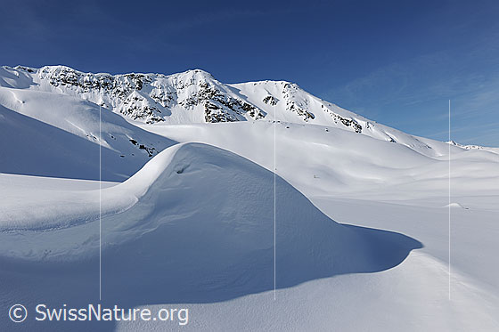Foto: Formen in schneebedeckter Berglandschaft mit Hirli im Hintergrund. Eine Wechte wirft Schatten auf die unberührte Schneefläche.