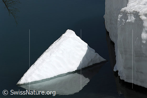 Foto: Eine leuchtend weisse Eisscholle mit der Form einer Pyramide treibt im Wasser und spiegelt sich darin. Der Wasserlauf wird durch einen kompakten Schneerand begrenzt.