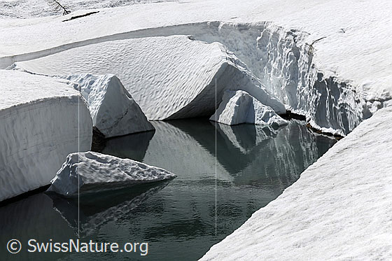 Foto: Eingebrochene Schneedecke am Rand eines Wasserbeckens. Zusammen mit den Spiegelungen und dem Spiel von Licht und Schatten ergeben sich interessante Formen der mehrfach abgebrochenen Schneestücke und im Wasser treibenden Eisschollen.