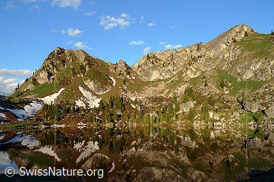 Foto: Muntiggalm und Geisshörnli mit Spiegelung im Seebergsee. Die Schneereste und der lichte Tannenwald am Ufer bilden zusammen mit dem Wasserspiegel interessante Muster in der Berglandschaft.