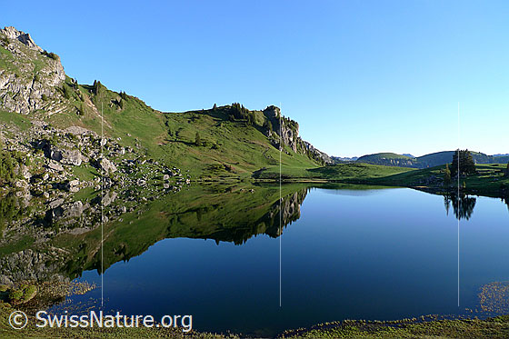 Foto: Ruhiger Bergsee in grüner Umgebung. Blick über die offene Wasserfläche des Seebergsees mit Spiegelung der Alpweiden und der mit Felspartien und Felsblöcken durchsetzten Berghänge.