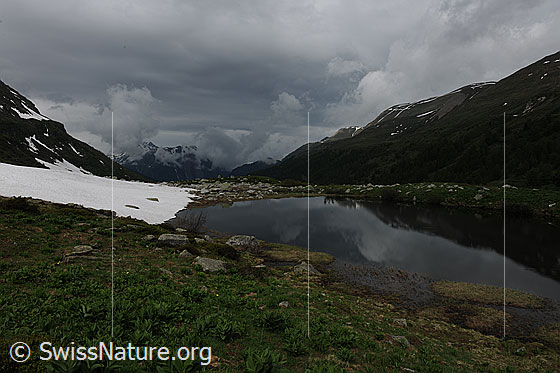 Foto: Halsesee und stark bewölkter Himmel mit tief liegenden Wolken. Im ruhigen Bergsee spiegelt sich ein Bergrücken und am Ufer sind Felsblöcke und ein Schneefeld zu sehen.