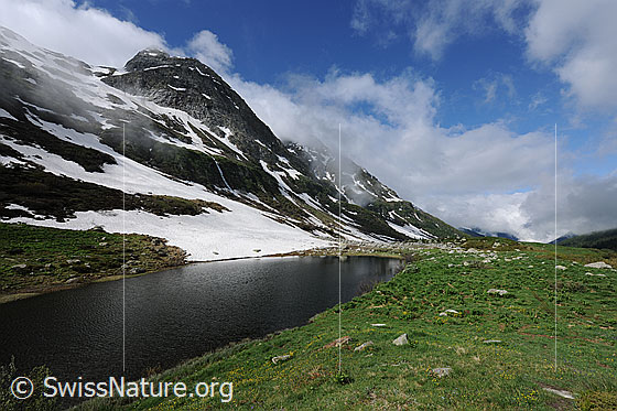 Foto: Berglandschaft mit Halsesee und Restbewölkung. Die Wolken reissen auf und geben die Sicht auf das Seewischhorn frei. Der Bergsee ist von Alpweiden umgeben. Ein Schneefeld reicht noch bis ans Ufer.