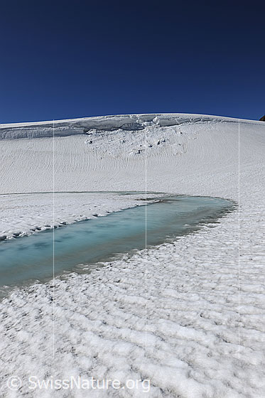 Foto: Auftauender Bergsee in schneebedeckter Umgebung mit hellblauem Eiswasser am Ufer. Im Hintergrund ist ein Wächtenabbruch zu sehen.