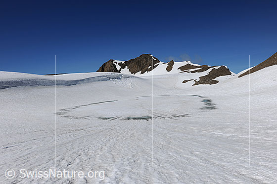 Foto: Zugefrorener See und weite Schneefläche, die durch eine Wächte begrenzt wird. Im Hintergrund ist das Holzjihorn zu sehen.