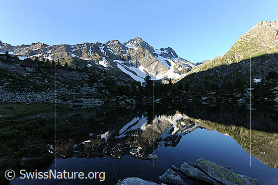 Foto: Morgenstimmung am Bergsee mit Spiegelung eines Bergmassivs. Das Schwarzhorn spiegelt sich im stillen, klaren Wasser des Mässersee.