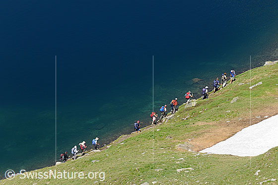 Foto: Eine Wandergruppe ist am Ufer eines Bergsees unterwegs.