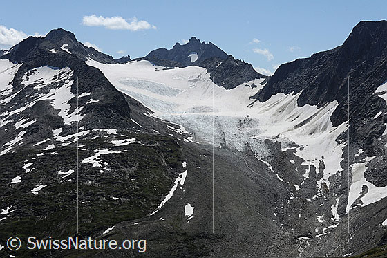 Photo: Mutten Glacier with pronounced supraglacial moraine in the area of the tongue. Taken from Stotzigen Firsten.
Summits / crossings: Stellibodenhorn - Gross Leckihon - Muttenhornpass - Pizzo Rotondo - Muttenhornlücke - Stotzig Muttenhorn.
