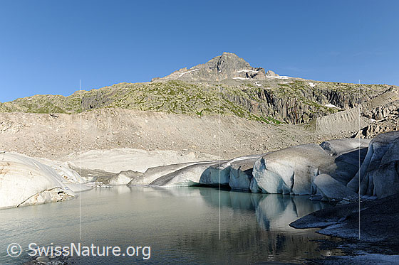 Foto: Gletschersee am Rhonegletscher mit Gletscherschliff, Seitenmoräne und Gärstenhörner im Hintergrund. Das Gletschereis spiegelt sich schwach im See.
