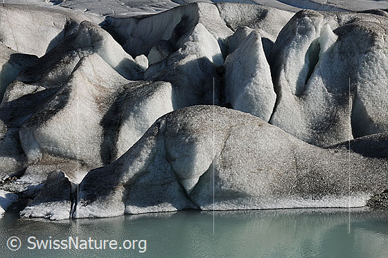 Foto: Zerklüftetes Gletschereis am Gletschersee (Rhonegletscher).