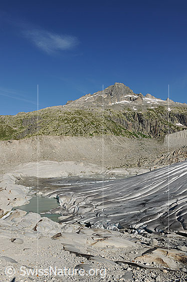 Foto: Gletscherzunge des Rhonegletschers mit Gärstenhörner im Hintergrund. Die Eisdecke des Gletschers hat weiter an Masse verloren und der Gletschersee an der Gletscherzunge wird zusehends grösser. 