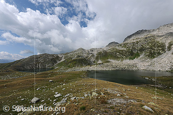 Foto: Rundsee und Lengsee in Berglandschaft mit Alpweiden und Geröll. Über dem Ausläufer des Gross Sidelhorns sind mächtige Quellwolken zu sehen.