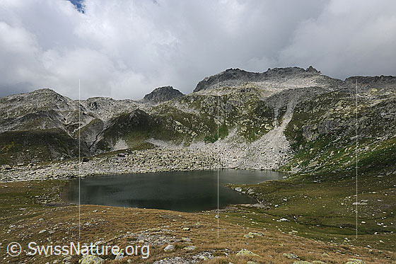 Foto: Lengsee (oberhalb Obergesteln) und Gross Sidelhorn mit Quellbewölkung. Der Bergsee ist von Geröll und Alpweiden umgeben.