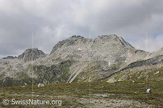 Foto: Gross Sidelhorn von E bei bewölktem Himmel. Die Berghänge sind mit Geröll bedeckt.