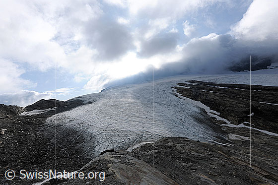 Foto: Chaltwassergletscher mit Wolkenstimmung. Ein Wolkenstau verursacht tief hängende Wolken über dem Gletscher. Am Gletscherrand ist das Eis dünn und läuft flach ins Geröll aus. Es werden Felsen sichtbar, welche zum Teil Gletscherschliff aufweisen.