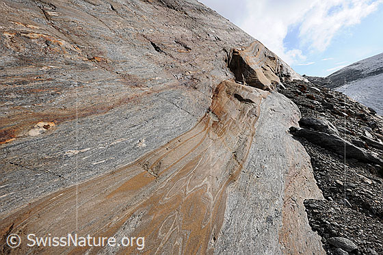 Foto: Vom Gletscher geschliffene Felsen am Gletscherrand des Chaltwassergletschers. Durch den Gletscherschliff kommen die interessanten Formen und Farben der verschiedenen Gesteinsarten besonders gut zur Geltung.
