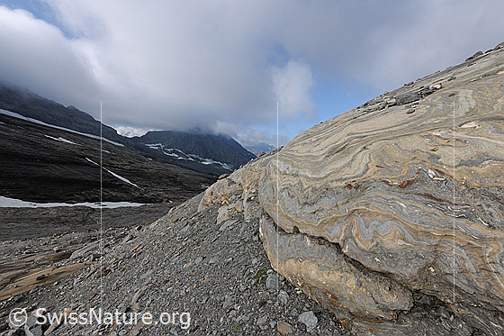 Foto: Muster in geschliffenem Fels. Die Oberfläche, des vom Chaltwassergletscher abgeschliffenen Felsens weist interessante Formen und Muster in unterschiedlicher Farbe auf. Steine, die der Gletscher mitgeführt hat, sind auf dem glatten Gletscherschliff liegen geblieben. Über dem urtümlichen Gletschervorfeld befindet sich tief hängende Restbewölkung.