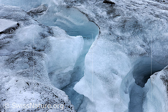 Foto: Gletscherbach im Gletschereis des Chaltwassergletschers. Das Wasser hat sich tief ins Gletschereis gegraben. Dabei sind Kanäle mit interessanten Formen entstanden. Supraglazialer Schmelzwasserkanal.