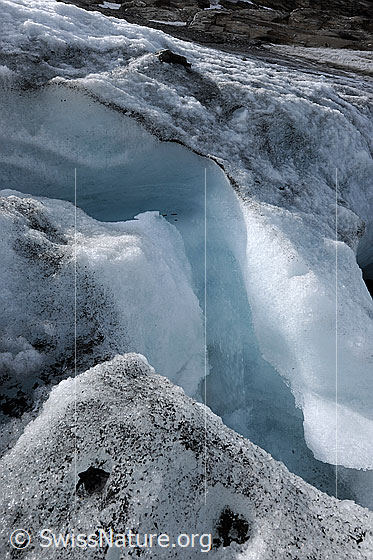 Foto: Gletscherbach auf der Eisoberfläche des Chaltwassergletschers. Das Schmelzwasser hat sich ins Gletschereis eingefressen und fliesst nun als Gletscherbach durch einen Eiskanal über den Gletscher. Supraglazialer Schmelzwasserkanal.
