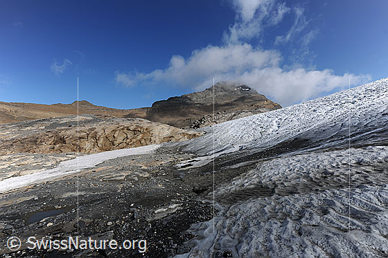 Foto: Gletscherzunge Chaltwassergletscher, Simplon. Die Gletscherzunge läuft abgeflacht ins Gletschervorfeld aus. Über dem Wasenhorn sind Quellwolken zu sehen.