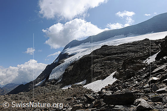 Foto: Chaltwassergletscher am Monte Leone. Am Himmel sind Quellwolken zu sehen. Vordergrund: Geröllhalde am Chaltwasserpass.