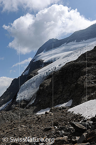 Foto: Chaltwassergletscher am Monte Leone. Am Himmel sind Quellwolken zu sehen. Vordergrund: Geröllhalde am Chaltwasserpass.