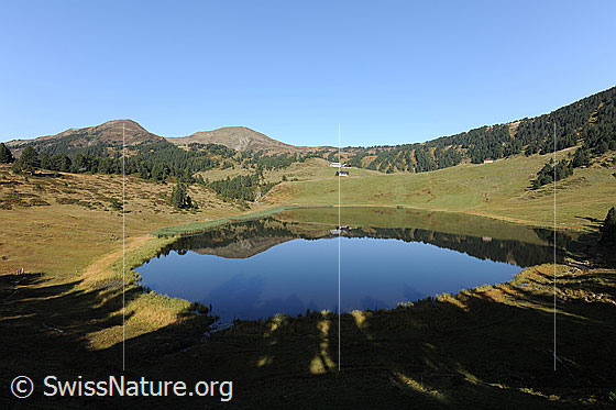 Foto: Ruhiger See (Sewenseeli) mit Licht und Schatten am Ufer. Im Bergsee spiegelt sich die sanft geschwungenen Voralpengipfel und bewaldeten Berghänge.