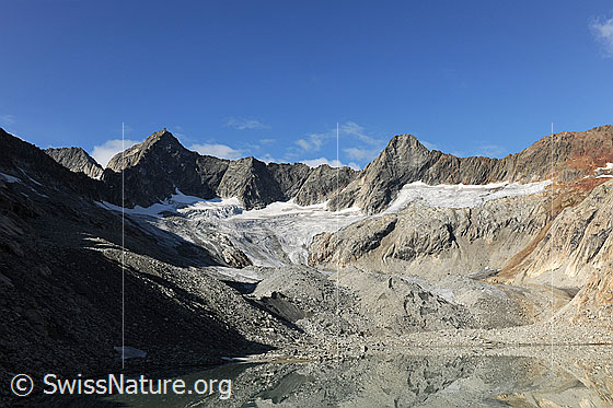 Foto: Gruebengletscher mit schuttbedeckter Zunge. D.h. die Zunge verfügt über eine Obermoräne.
Gipfel: Gross Diamantstock - Hiendertelltihorn.
