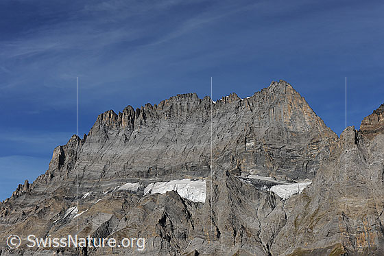 Foto: Südostseite des Doldenhorn. Links der Südgrat, in der Mitte der obere Teil des Galletgrats, rechts der Ostgrat, welcher vom Fründenjoch steil emporsteigt. Schön zu sehen ist die Südostwand, über welche eine der grossen alpinen Sportkletterrouten, die Doldorphin, verläuft.
Gletscher: Doldenhorn-SE