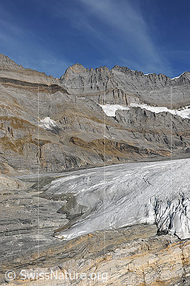 Foto: Alpetligletscher (Kanderfirn). Dahinter die Südostflanke des  Blüemlisalp-Massivs. Im Vordergrund die stark abgeflachte Gletscherzunge. Der Gletscher ragte noch vor ein paar Jahren über die Felsstufe.