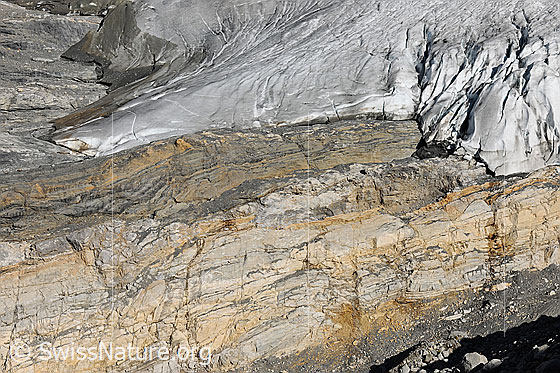 Foto: Gletscherzunge des Alpetligletscher (Kanderfirn). Die Gletscherzunge ist stark abgeflacht und der Gletscherrückgang schreitet rasch voran. Der Gletscher ragte noch vor ein paar Jahren über den Felsriegel.