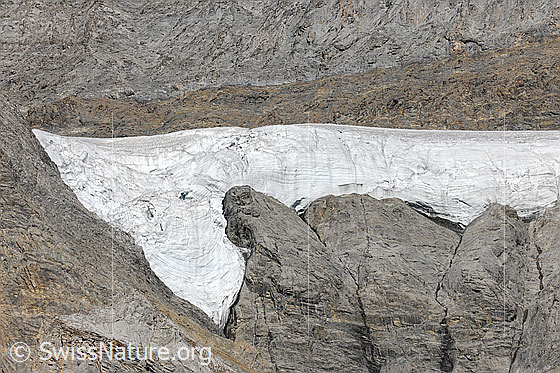 Foto: Gletscherrest eines Hängegletschers in einer Mulde im Fels.