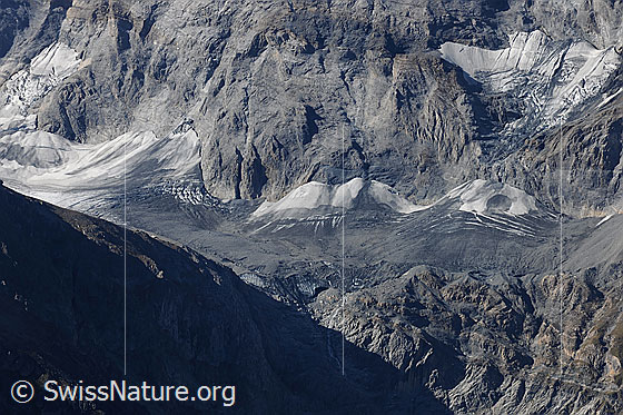 Photo: Lötsche glacier. The glacier is covered with a lot of debris (= supraglacial moraine), which has fallen down from the east face of the Balmhorn above.
