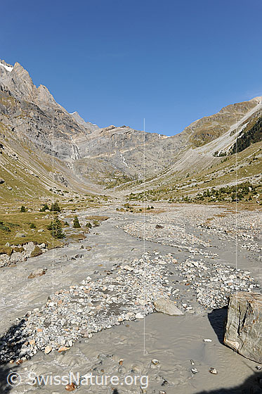 Foto: Fluss: Kander. Blick über die Flusslandschaft in den Talkessel im hinteren Teil des urtümlichen Gasteretals.