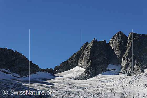 Foto: Fellenberglicken (Fellenberglücke, Übergang zur Lauteraarhüte), Bächlistock und Bächligletscher.
