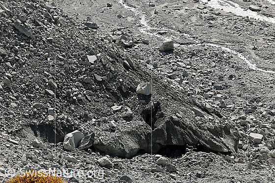 Foto: Grosser Doppelkegel aus Toteis, Detail. Das Eis ist mit Gesteinsschutt bedeckt.