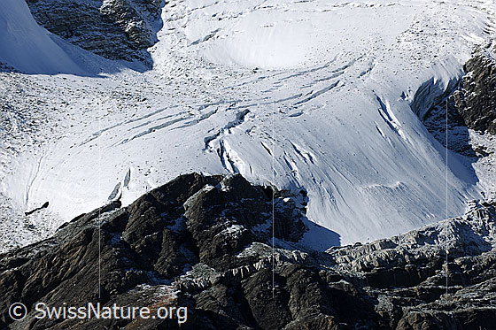 Foto: Diablonsgletscher mit Spalten und von Felsen umgeben.