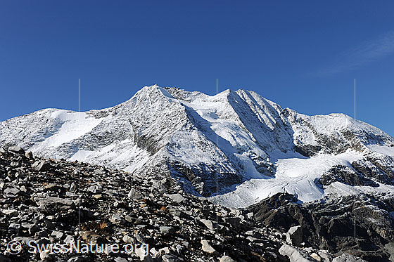 Foto: Les Diablons und Diablonsgletscher mit wenig Neuschnee überzuckert. Im Vordergrund ein steiniger Geländerücken.