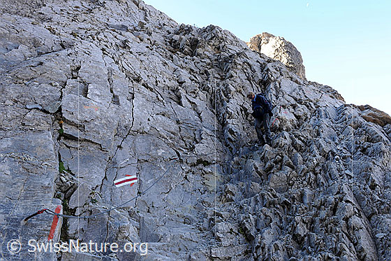 Foto: Gesicherter Bergweg im Gässi. Alpinistin auf gesichertem Bergweg im Gässi unterwegs.
