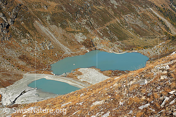 Foto: Stausee Turtmanntal. Tiefblick von der Turtmannhütte auf den Turtmannsee in herbstlicher Umgebung.
