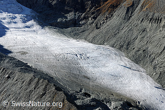 Foto: Turtmanngletscher eingebettet zwischen den Seitenmoränen.