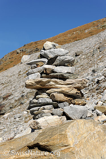 Foto: Steinmann mit Berghang im Hintergrund.