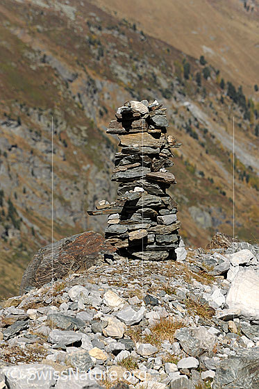 Foto: Schlanker Steinmann (Wegmarkierung) auf Moräne.