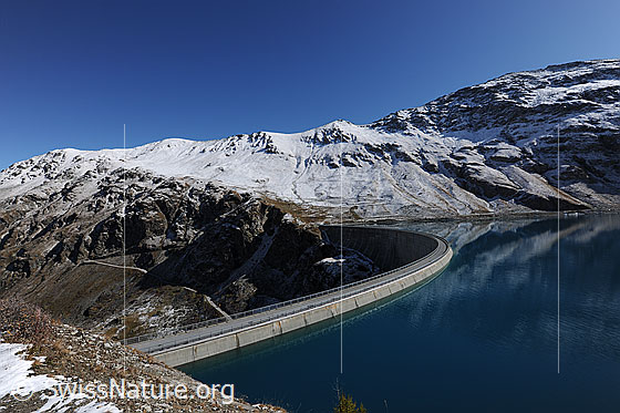 Foto: Stausee Lac de Moiry mit blauem Wasser und Staumauer. Die Berglandschaft mit Corne de Sorebois ist frisch verschneit.