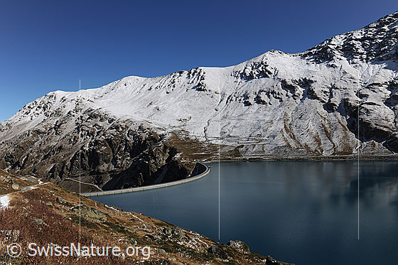 Foto: Lac de Moiry (Stausee) mit blauem Wasser und Staumauer. Die Berglandschaft mit Corne de Sorebois ist frisch verschneit.