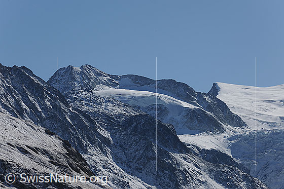 Foto: Pigne de la Lé. Die Felsen und Grate sind leicht mit Schnee überzuckert.