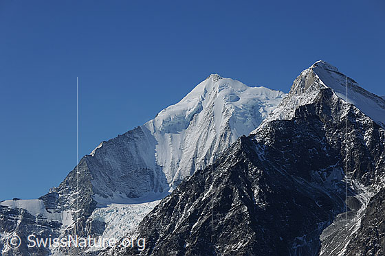 Foto: Weisshorn und Brunegghorn.
Gletscher: Bisgletscher mit Hängegletscher und Holzgletscher, welcher mit Geröll bedeckt ist.